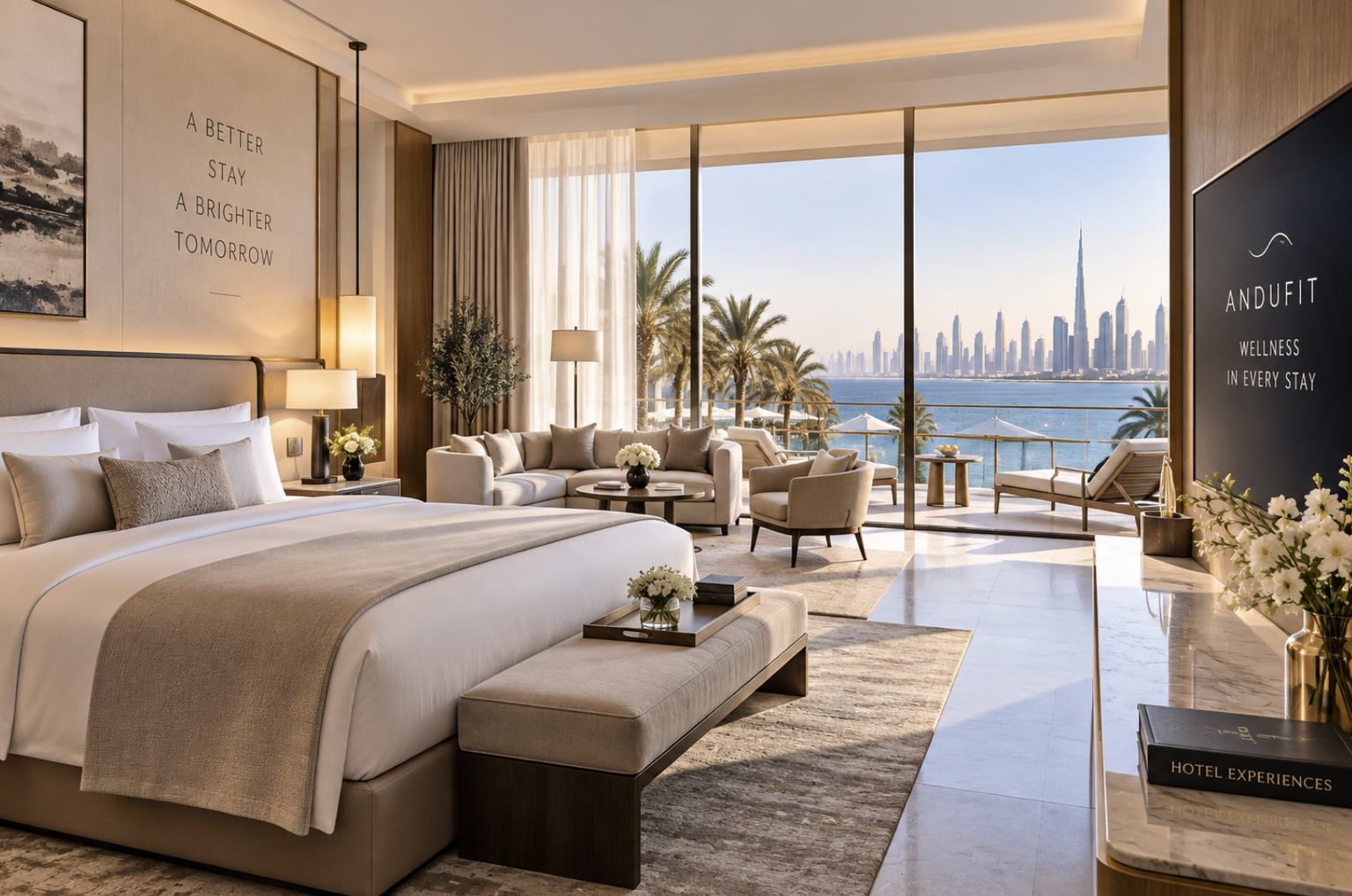 Hotel suite with a made bed and a sea view