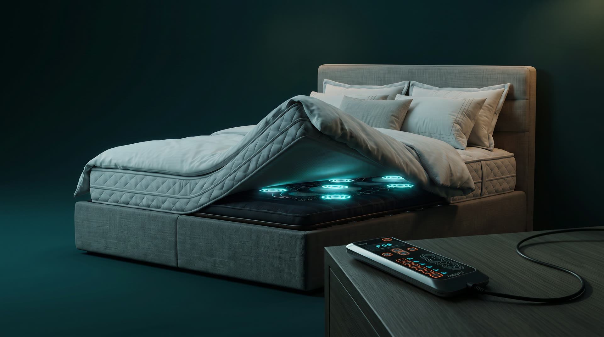 A bed with the mattress lifted, showing the ANDUFIT module with five glowing massage zones on the bed base, and the controller on the nightstand